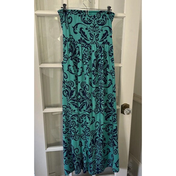Strapless Maxi Dress Turquoise & Navy Blue Womens Large Pockets - Picture 8 of 10